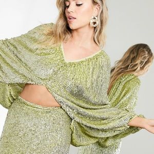 “ASOS Edition top with exaggerated sleeve in sequins drench”